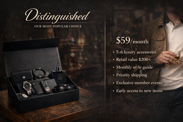 open black box of luxury accessories (watch, wallet, bracelet, shades). $59/mo; 5–6 items; $200+ value; style guide; priority ship; member events; early access.